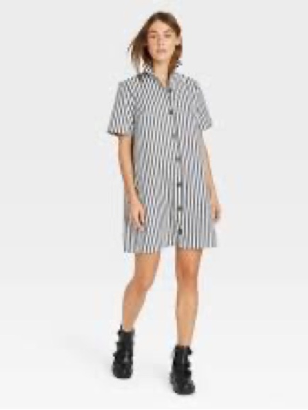 Who What Wear Black and White Vertical-Stripe Shirt Dress with buttons
